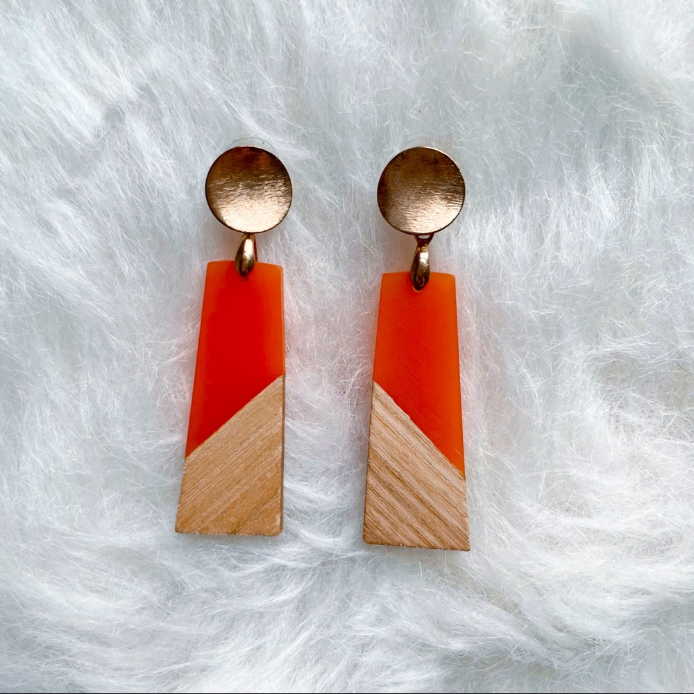 Orange Wooden & Gold Statement Earrings Boutique Contemporary Date Night Spring
